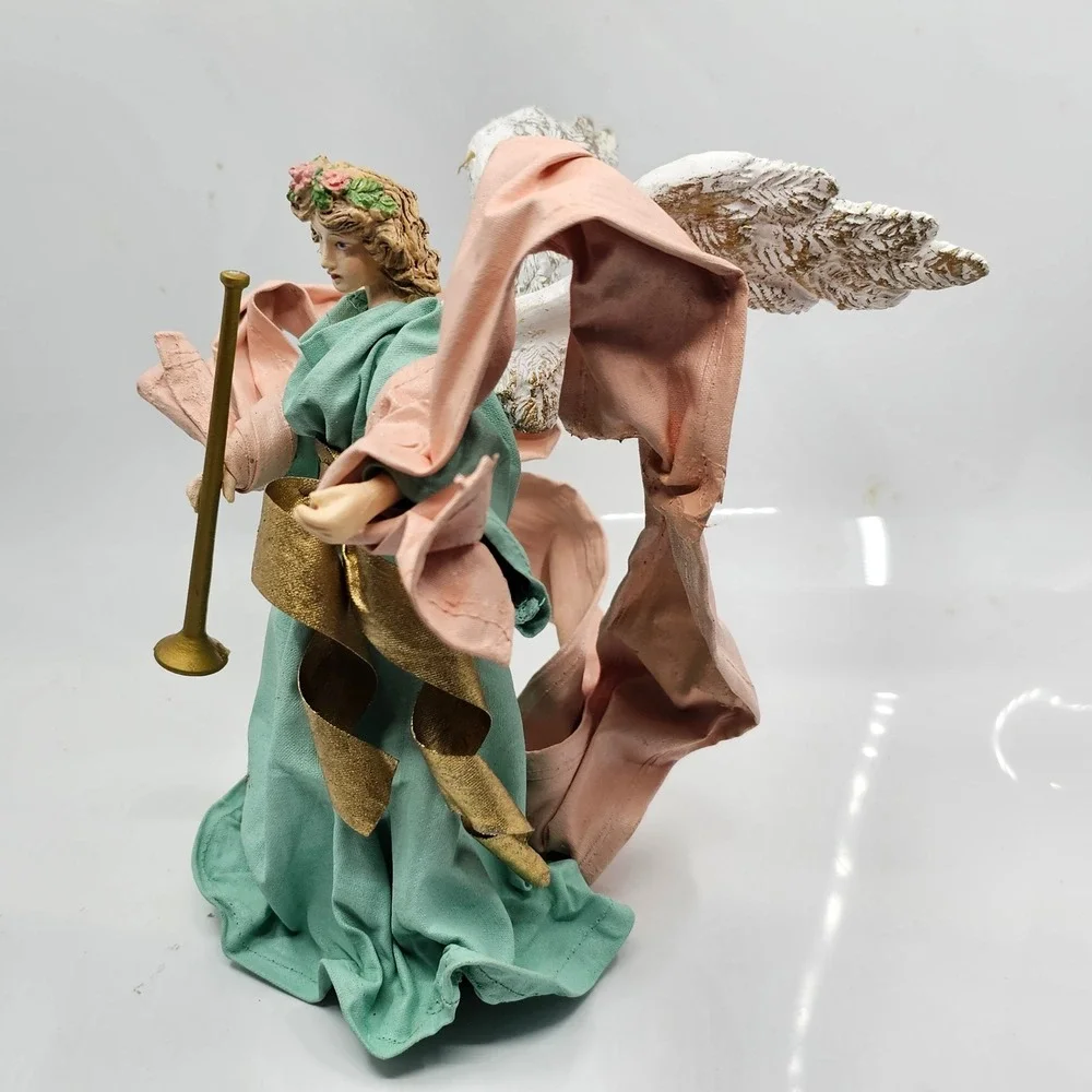 Vtg Christmas Angel Tree Topper Seafoam Green Gown Gold‎ Trumpet Pink Sash 10